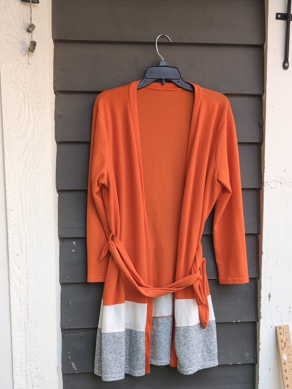 Orange Color Tie-Belt Open Cardigan with Colorblock Hem Size Large